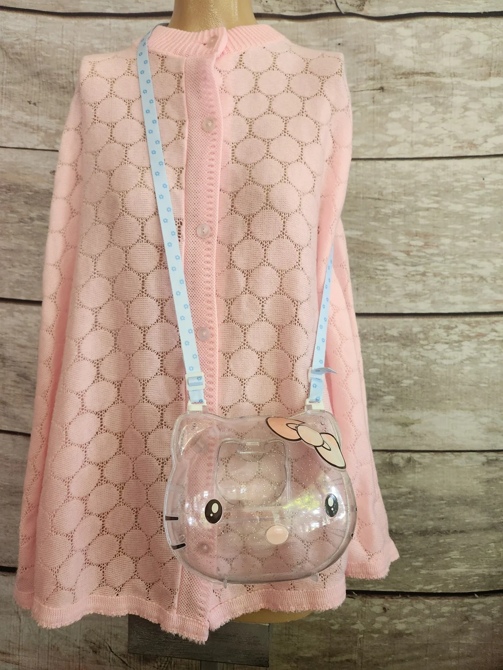 Hello Kitty Clear Crossbody Bag with Pink Bow and Light Blue Strap